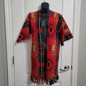 💲2️⃣ Handmade Red Aztec/Southwestern Patterned Blanket Cardigan Sz Small